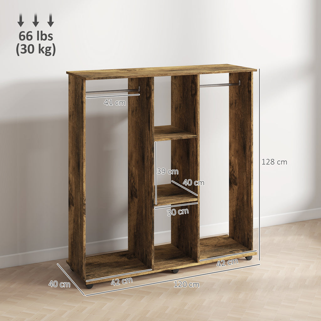 Armoire penderie meuble de rangement mobile 6 roulettes 120 x 40 x 128 cm en bois marron-2