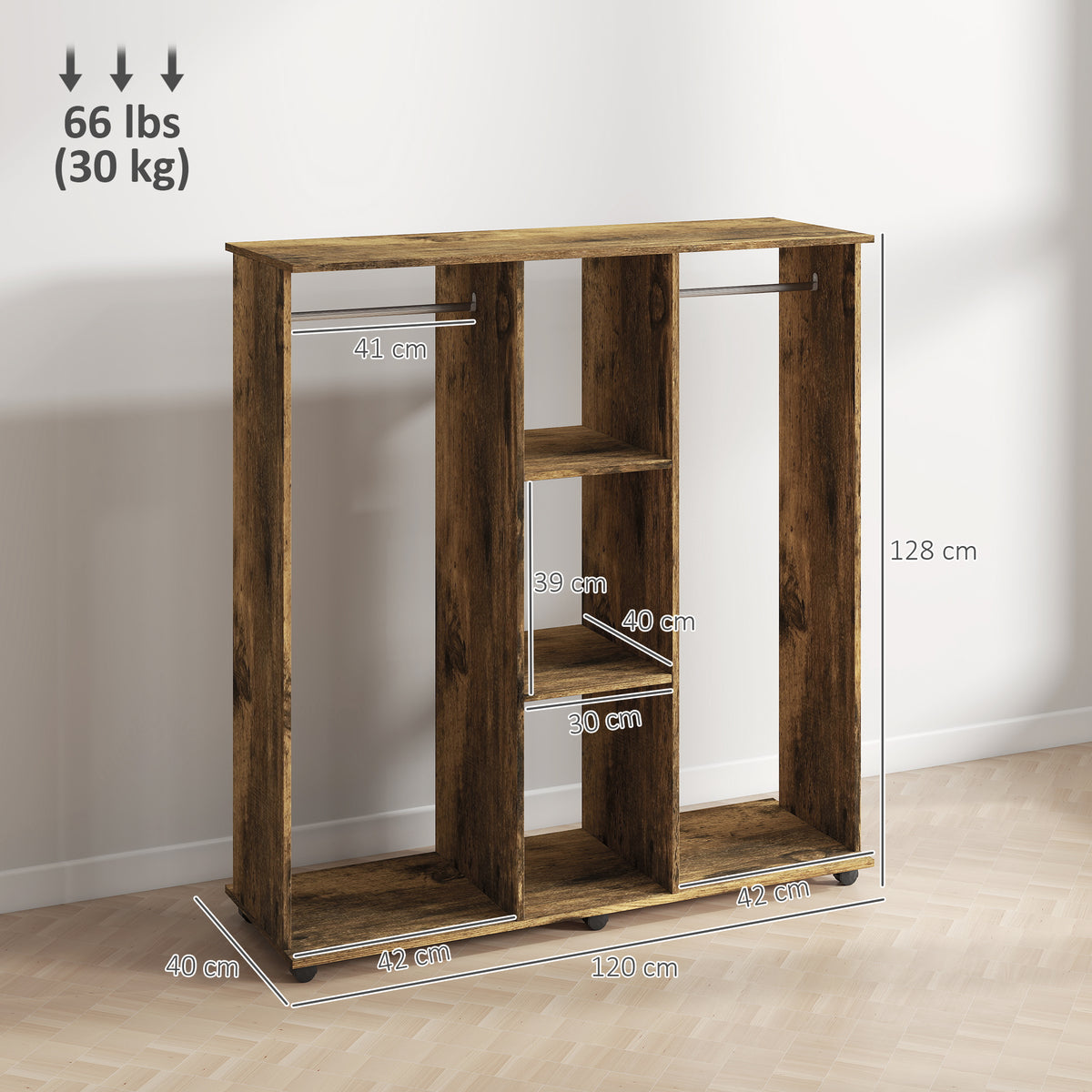 Armoire penderie meuble de rangement mobile 6 roulettes 120 x 40 x 128 cm en bois marron-2