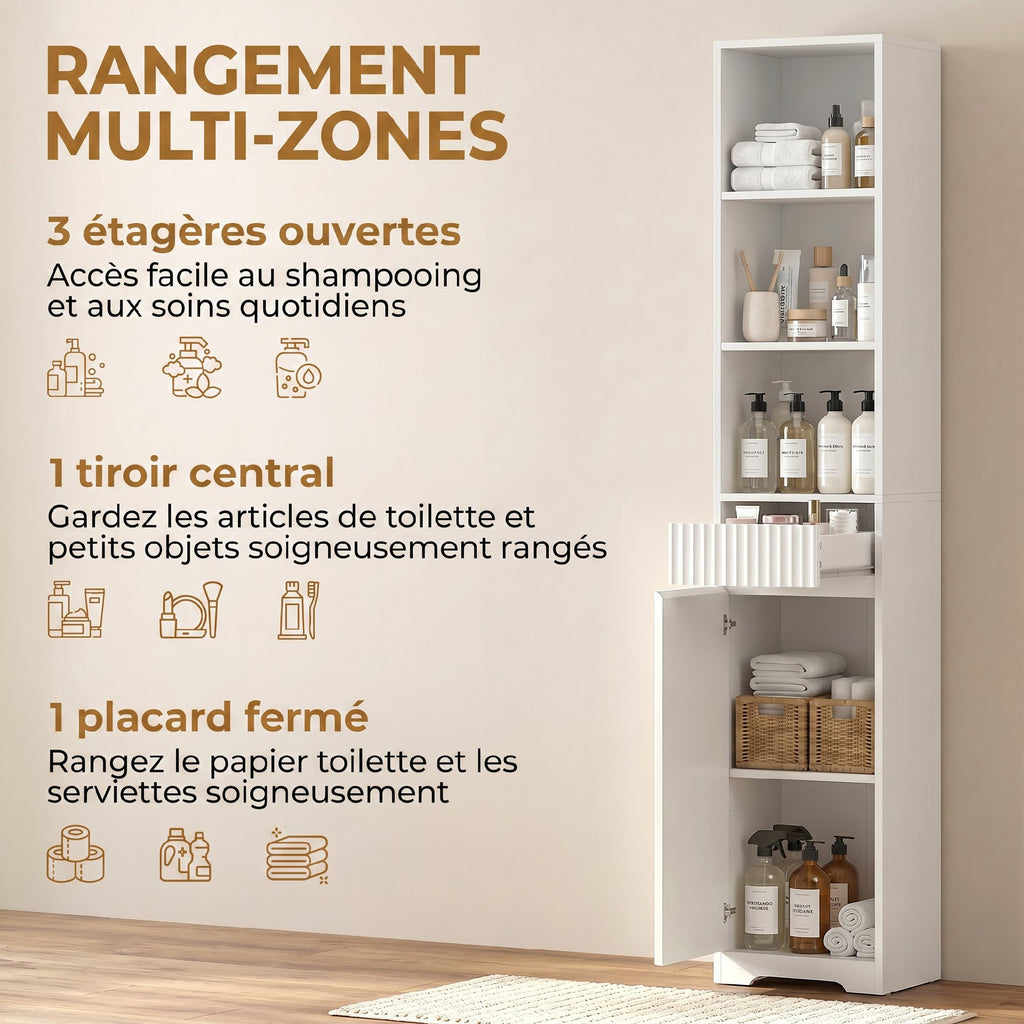 Meuble de salle de bain haut, meuble de rangement avec porte, tiroir, compartiments ouverts, étagère réglable, blanc-3