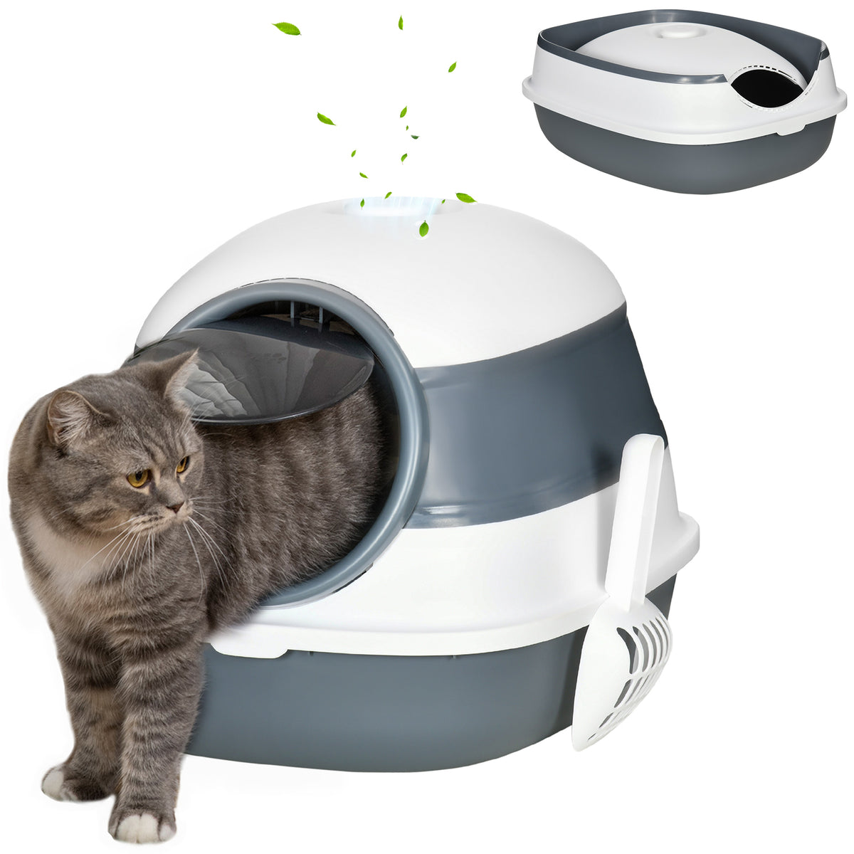 Maison de toilette pour chat pliable porte battante lucarne + pelle fournis 52 x 41 x 38 cm gris blanc-0