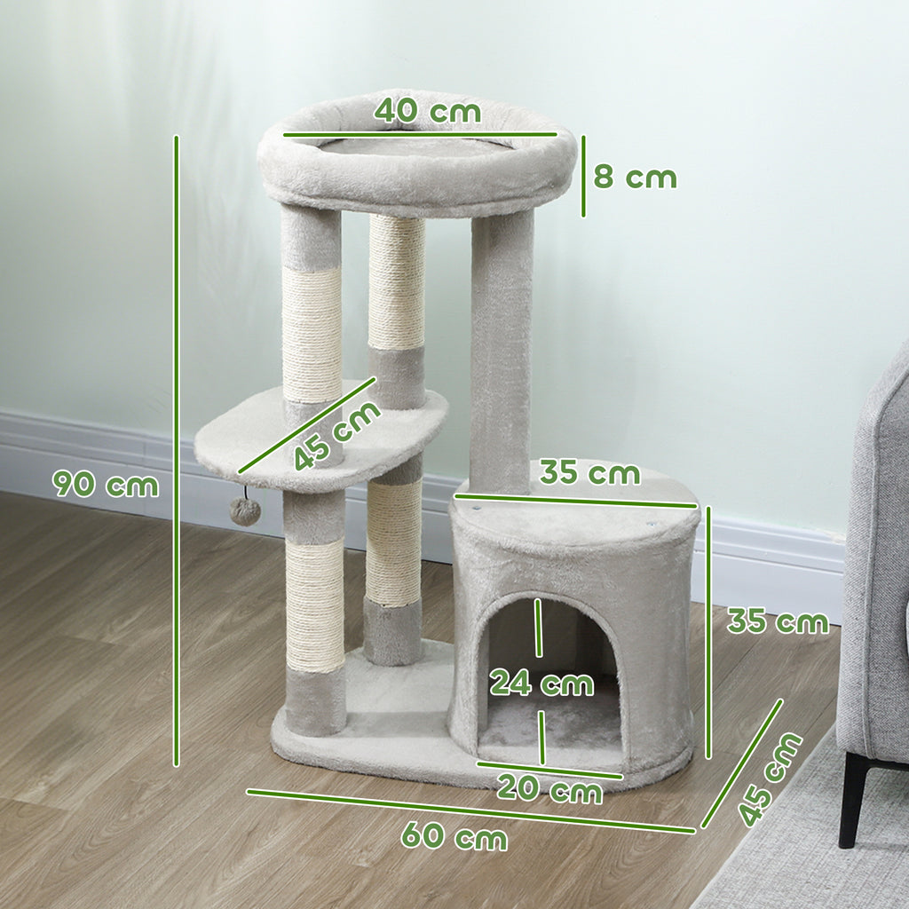 Arbre à chat tour de jeux pour chats griffoirs, plate-forme, niche, balle, tissu peluche, 60 x 45 x 90 cm, gris clair-2