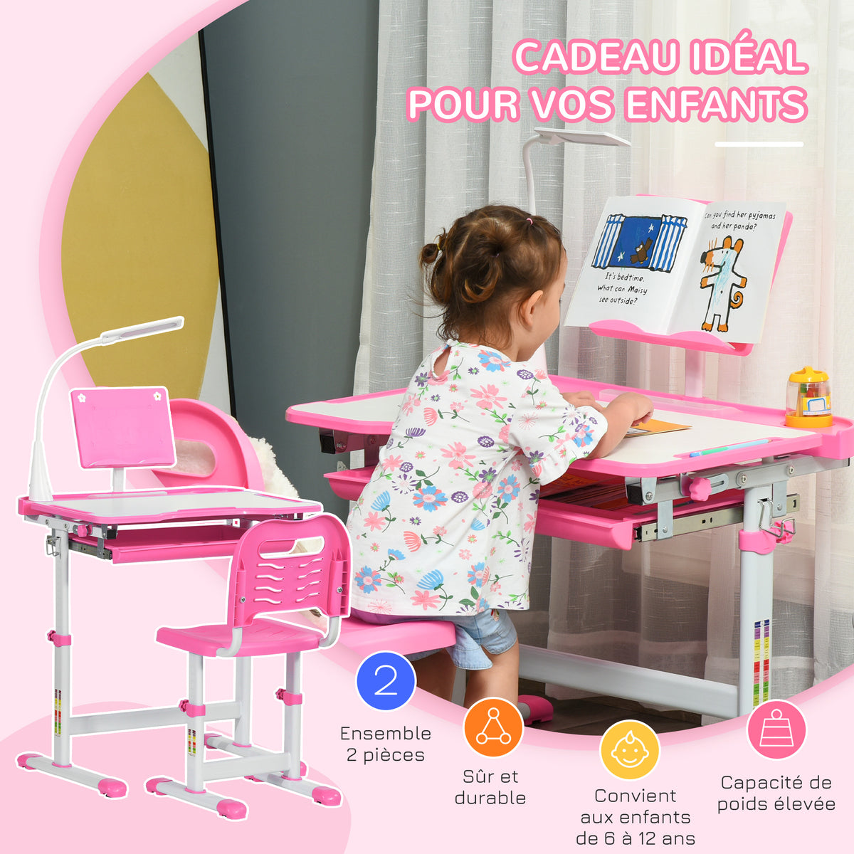 Ensemble chaise et bureau pour enfants avec lampe LED hauteur réglable plateau incliné support de lecture rose-7