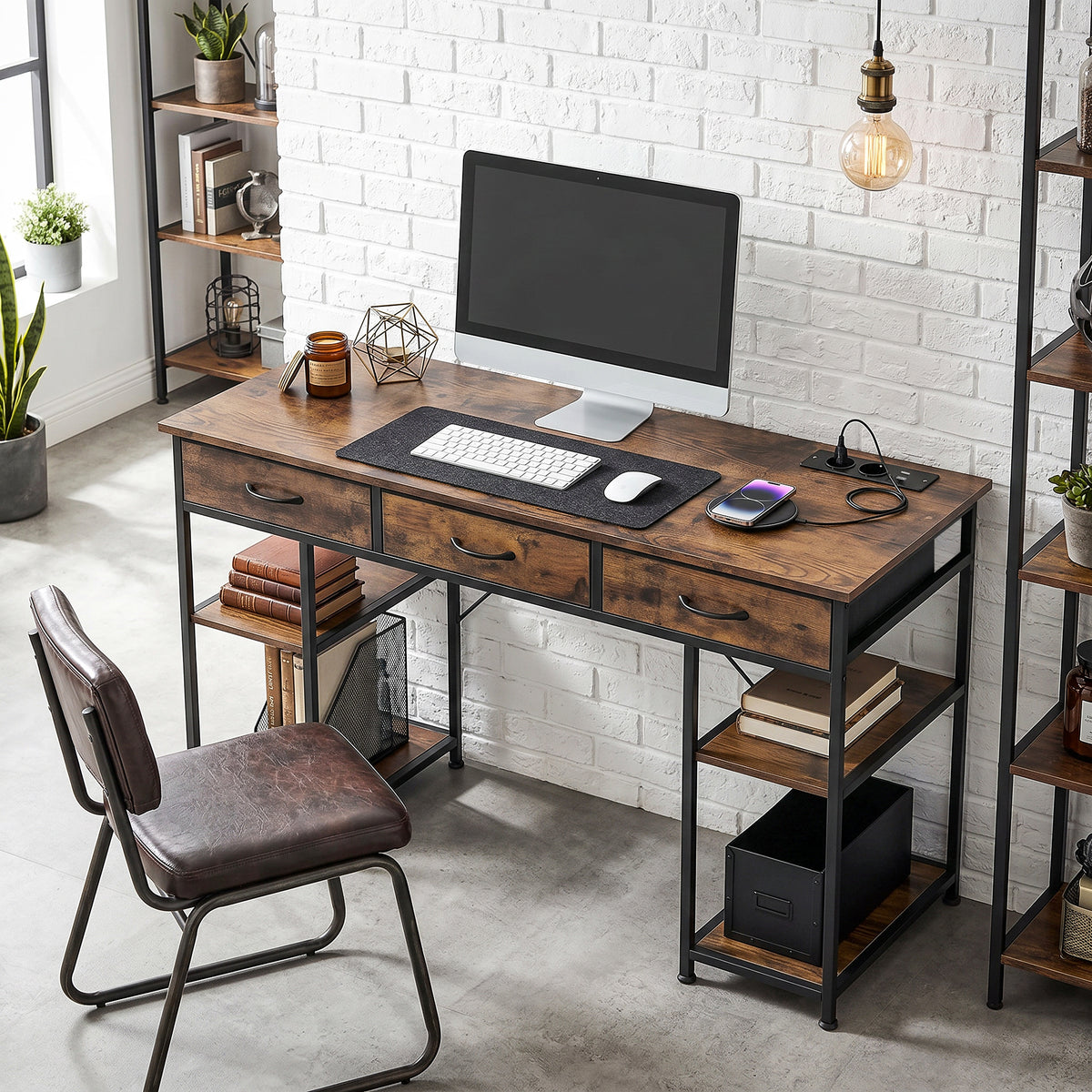 Bureau avec rangement avec prises de courant, 3 tiroirs en tissu et 4 étagères de rangement, 120 x 40 x 76 cm, marron-1