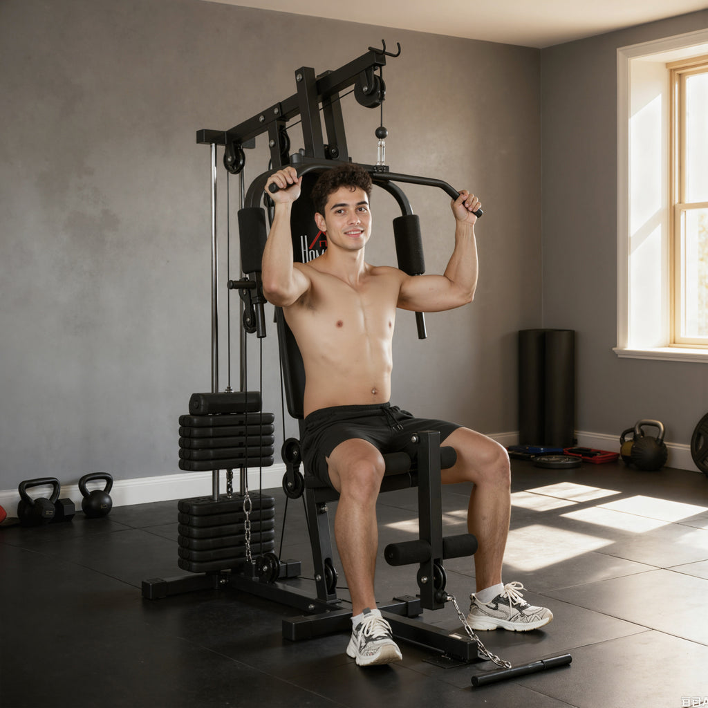 Station de Musculation Multifonction avec Stack de 65 kg, Double Poulie, Noir-8