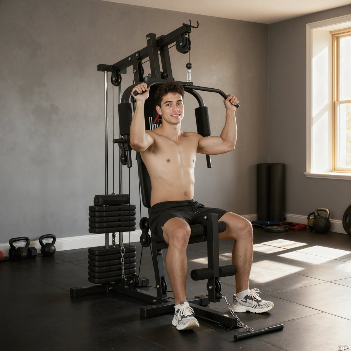 Station de Musculation Multifonction avec Stack de 65 kg, Double Poulie, Noir-8