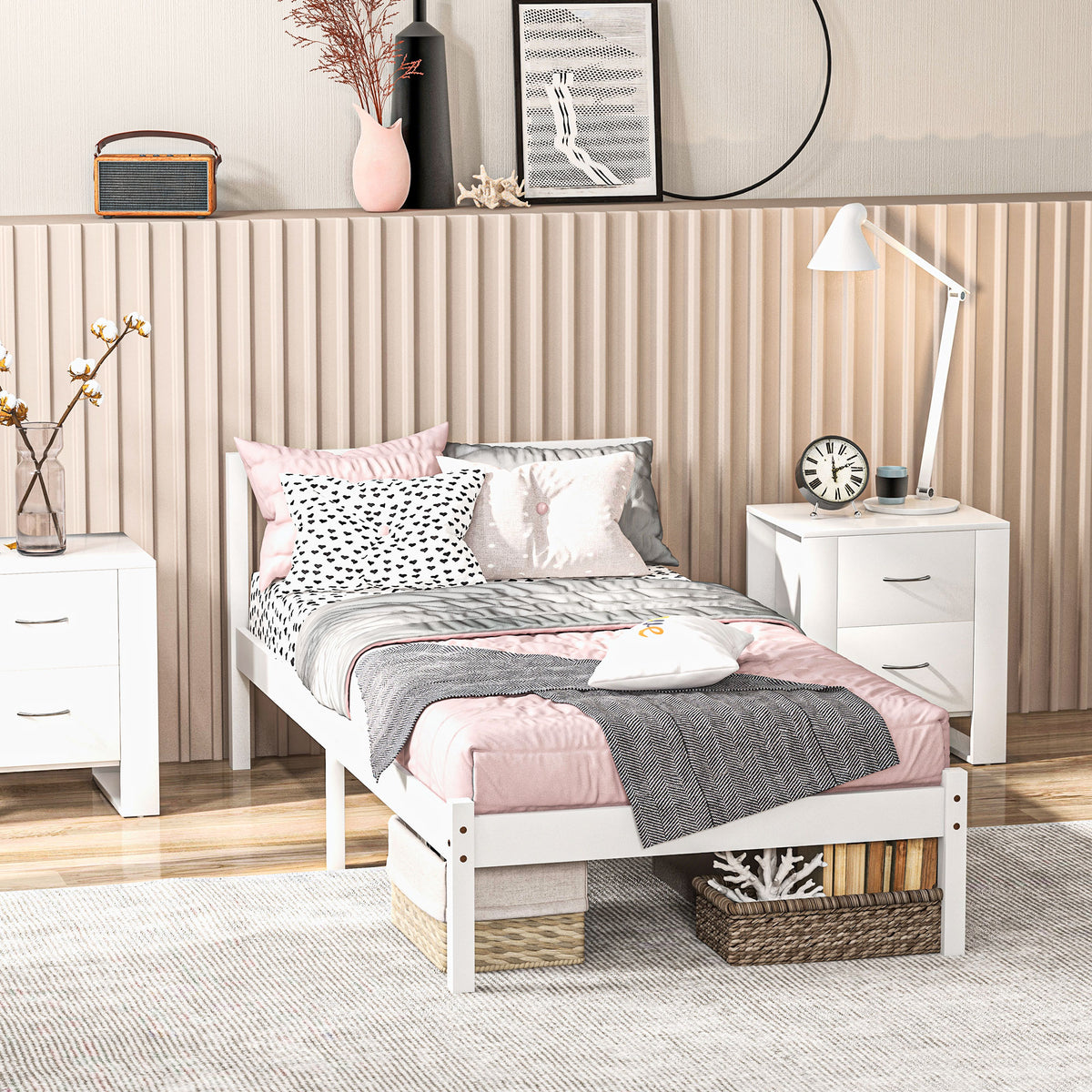 Cadre de lit en bois massif 90x190 cm lit simple avec tête de lit et sommier à lattes solide pour enfants adultes-6