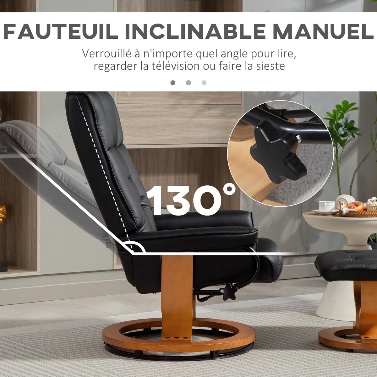 Fauteuil de relaxation inclinable avec repose-pied, pivotant, cadre en bois , revêtement synthétique noir-3