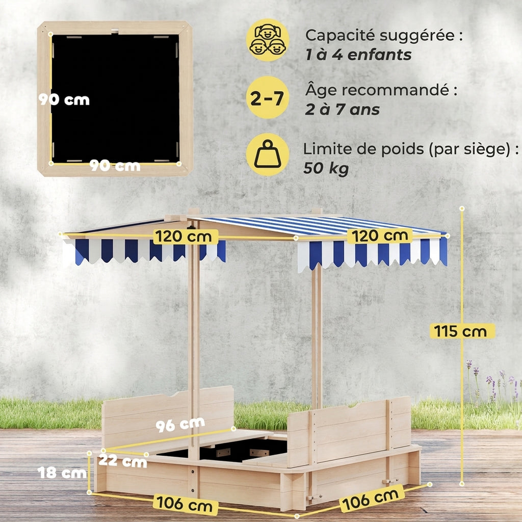 Bac à sable carré en bois pour enfants dim. 106L x 106l cm avec bancs et couvercle - auvent réglable-2