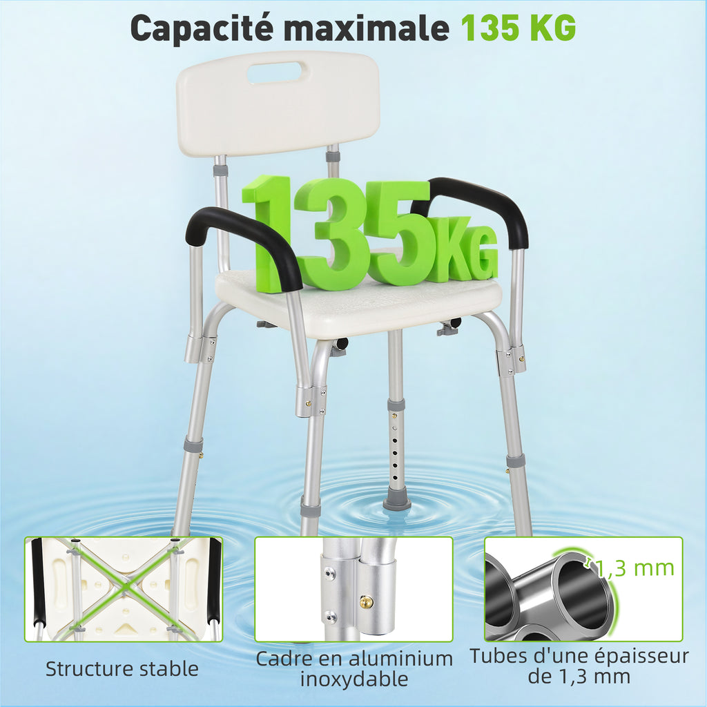 Chaise de Douche siège de Douche Ergonomique Hauteur réglable Pieds antidérapants Dossier accoudoirs Amovibles Charge Max. 136 Kg alu HDPE Blanc-3