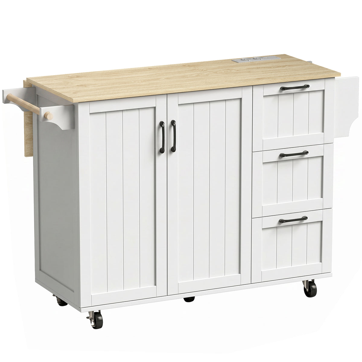 Îlot Central Cuisine avec Plateau Rabattable 2 Prises et 2 Ports USB Desserte de Cuisine sur Roulettes 3 Tiroirs Blanc-0