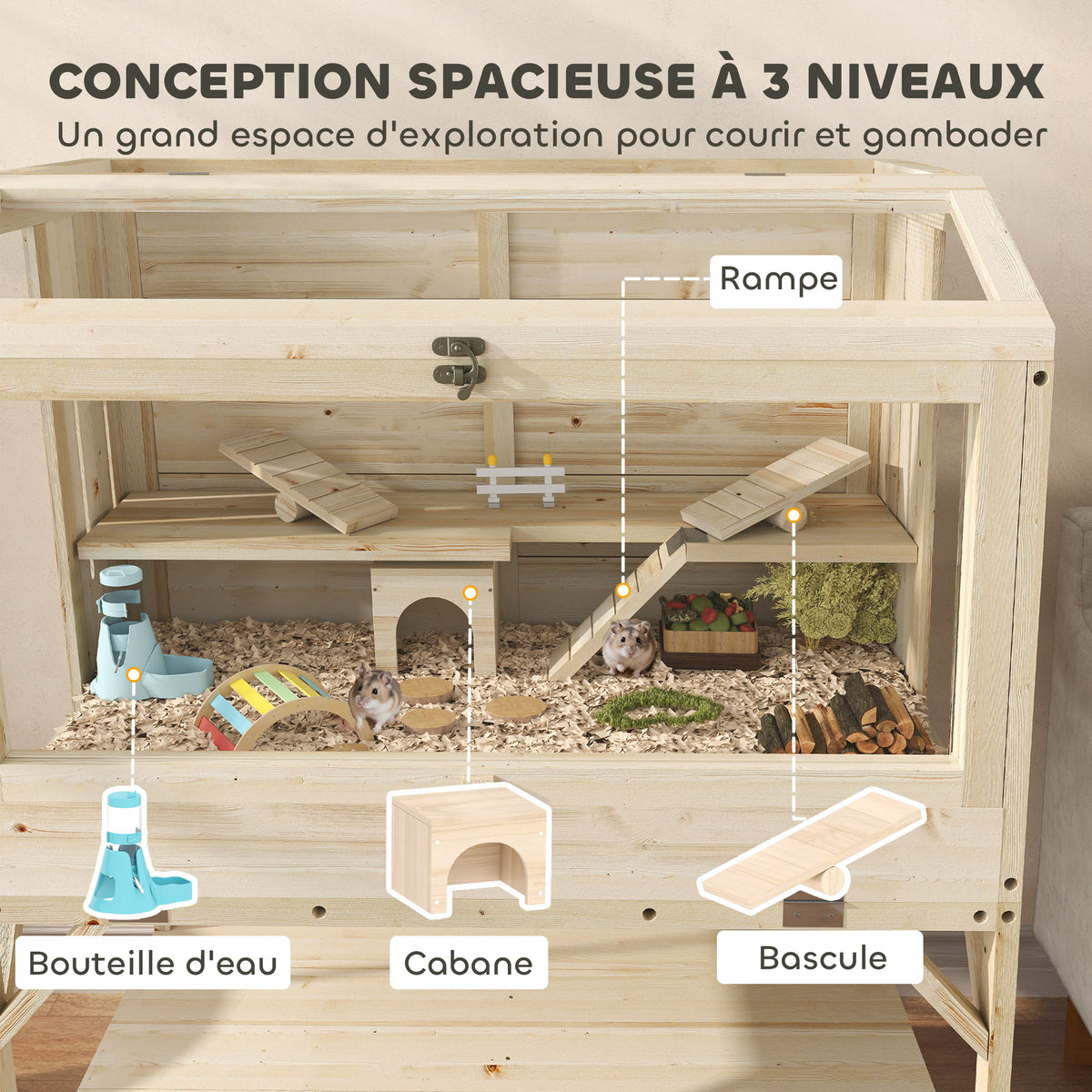 Cage hamster en bois, cage rongeur à 2 niveaux, étagère de rangement, couvercle ouvrant, 84 x 53 x 110 cm, bois naturel-3