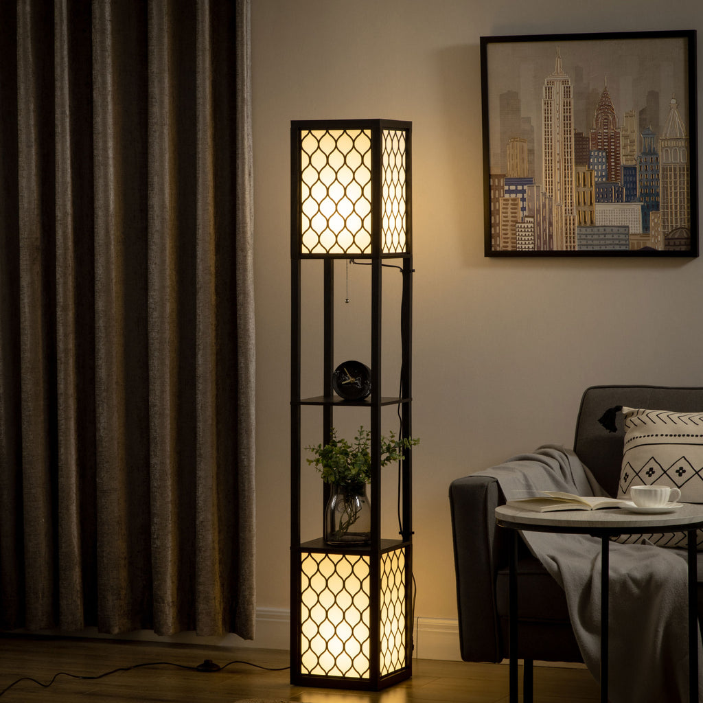 Lampadaire étagère 2 lampes 2 étagères 4 niveaux MDF noir motif nid d'abeille 26 x 26 x 156 cm noir-1
