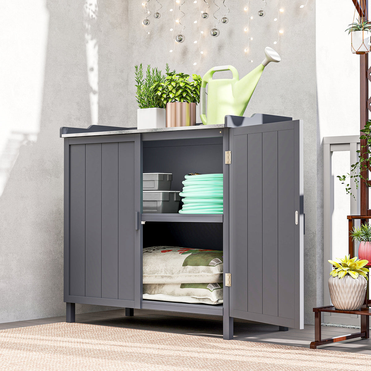 Armoire de rangement de jardin sur pied, table de rempotage 2 en 1 double porte, étagère, plateau métal galvanisé - gris-1