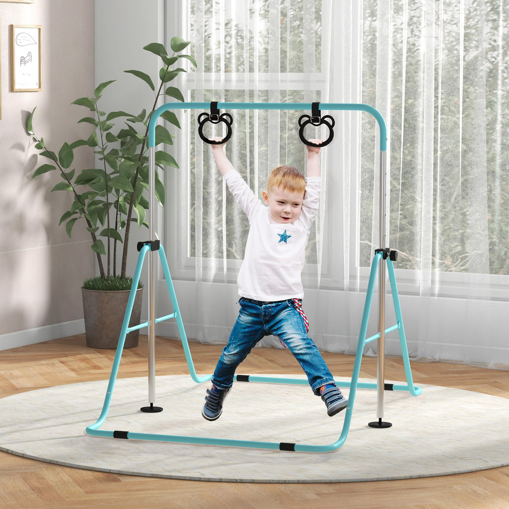 Barre de gymnastique pour enfants, barre horizontale pliable à hauteur réglable avec anneaux de gymnastique, cyan-1