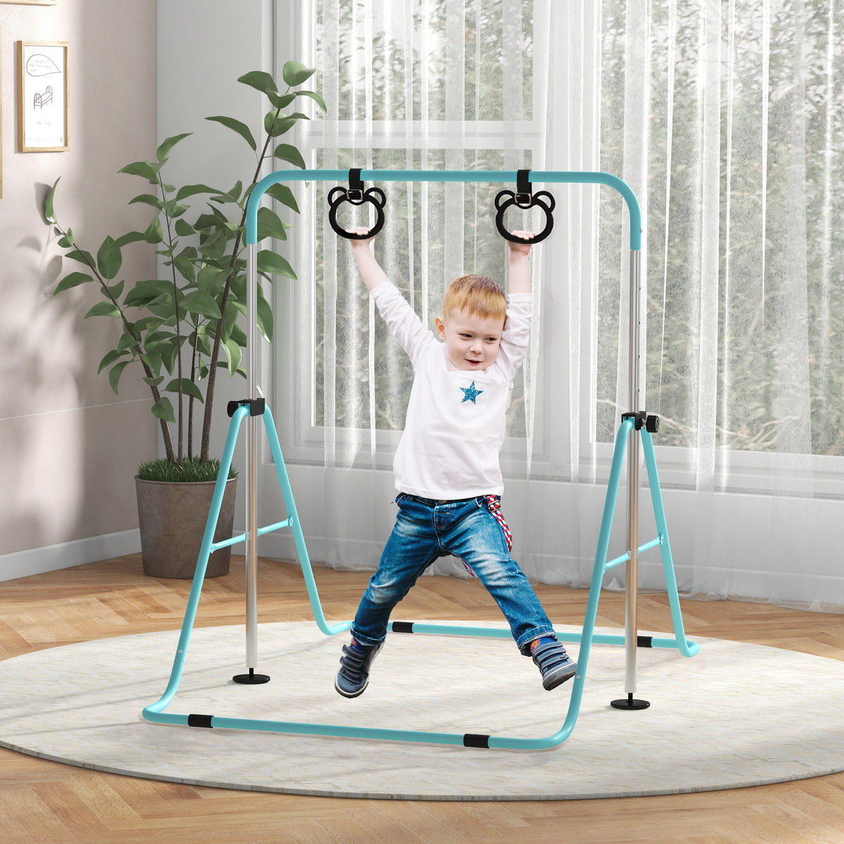 Barre de gymnastique pour enfants, barre horizontale pliable à hauteur réglable avec anneaux de gymnastique, cyan-1