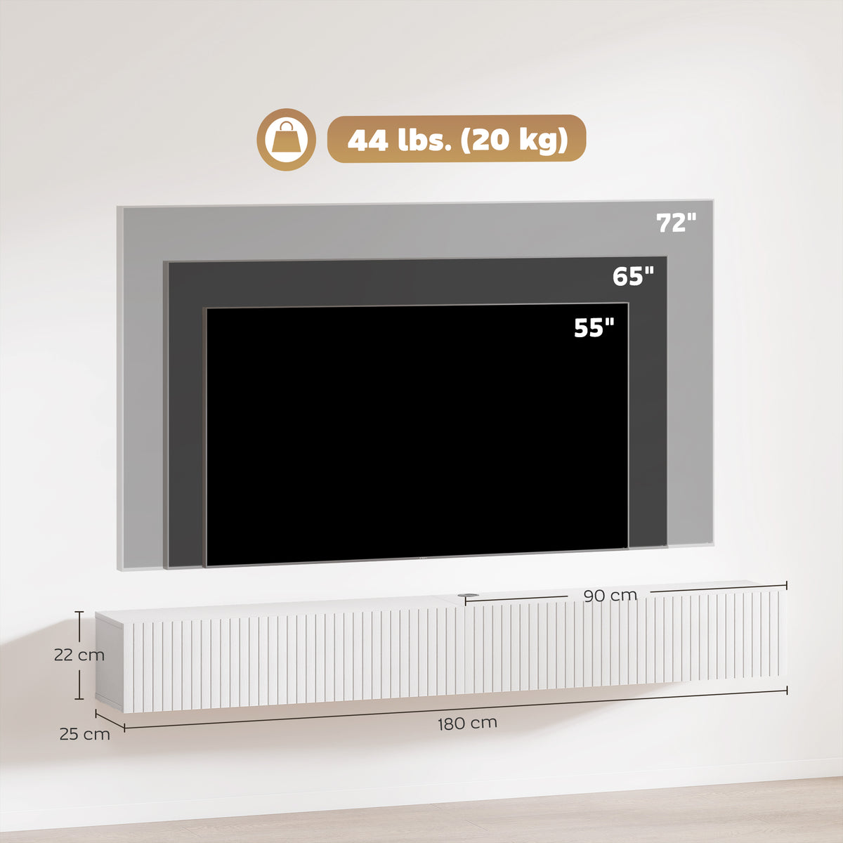 Meuble TV suspendu 180cm, meuble télé pour téléviseur 72 pouces, 2 portes rabattables, 180x25x22cm, blanc-2