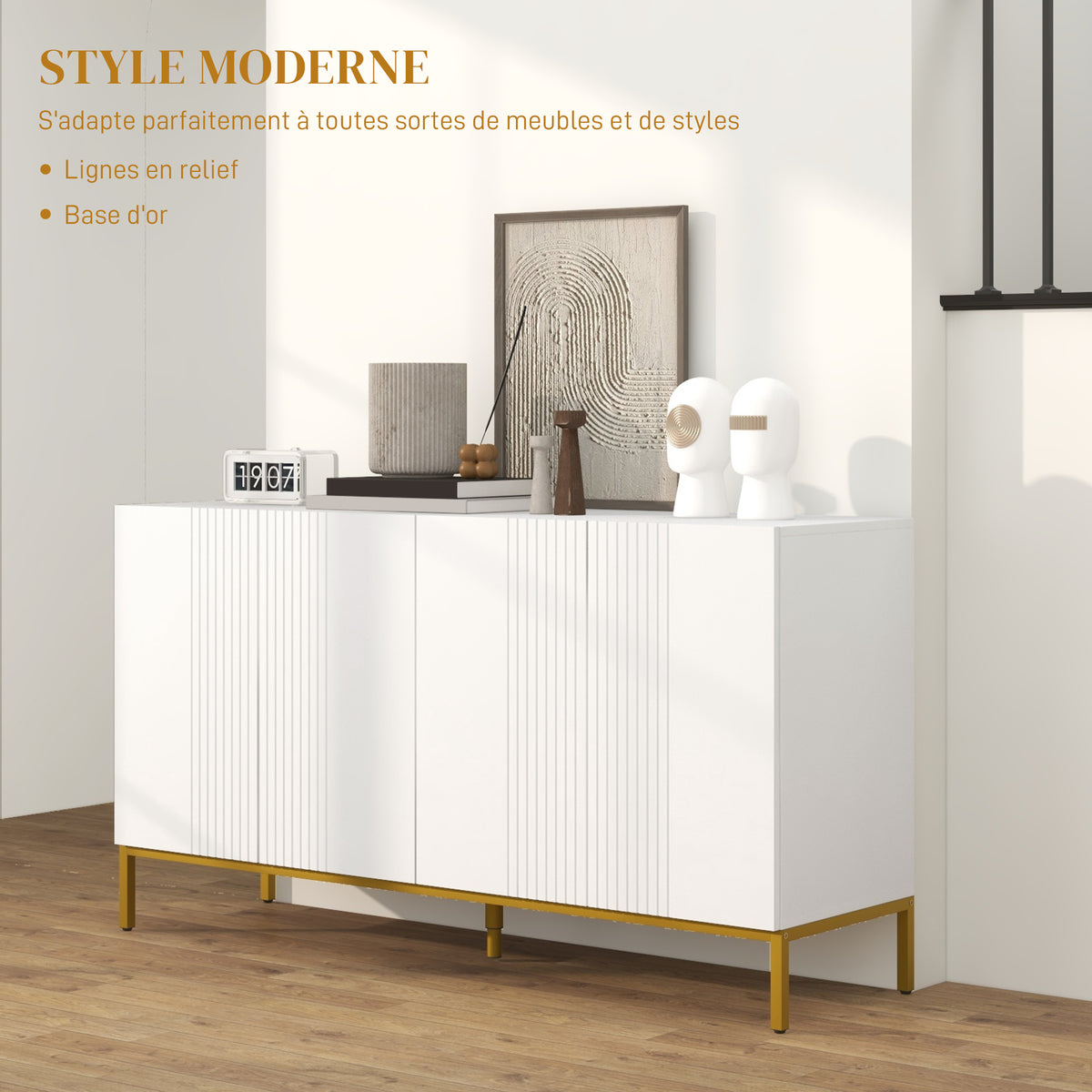 Buffet design contemporain graphique 2 placards porte étagères réglables en bois blanc métal doré-3