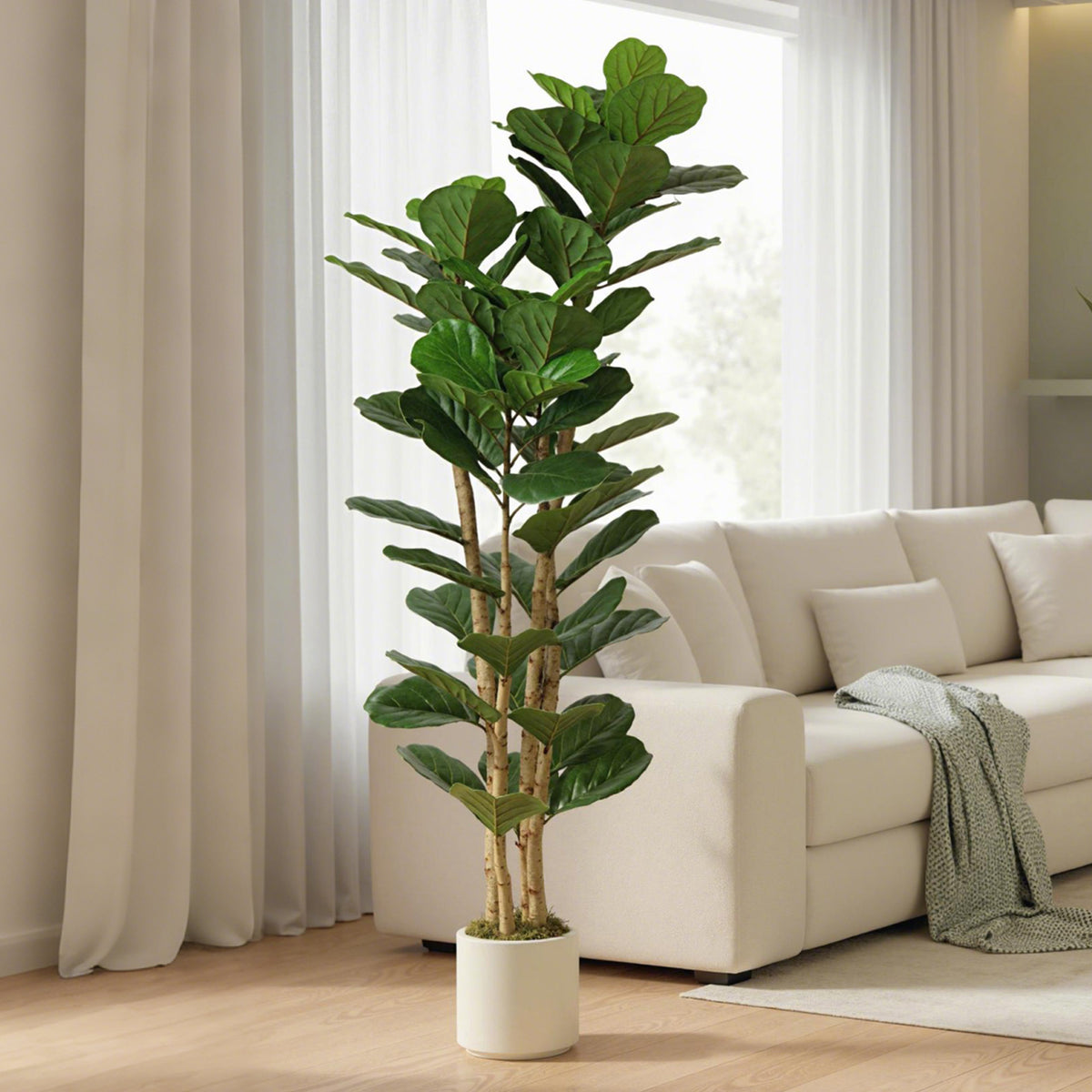 Plante artificielle intérieure 180 cm Figuier lyre arbre artificiel avec pot en plastique et tronc en bois massif, vert-1