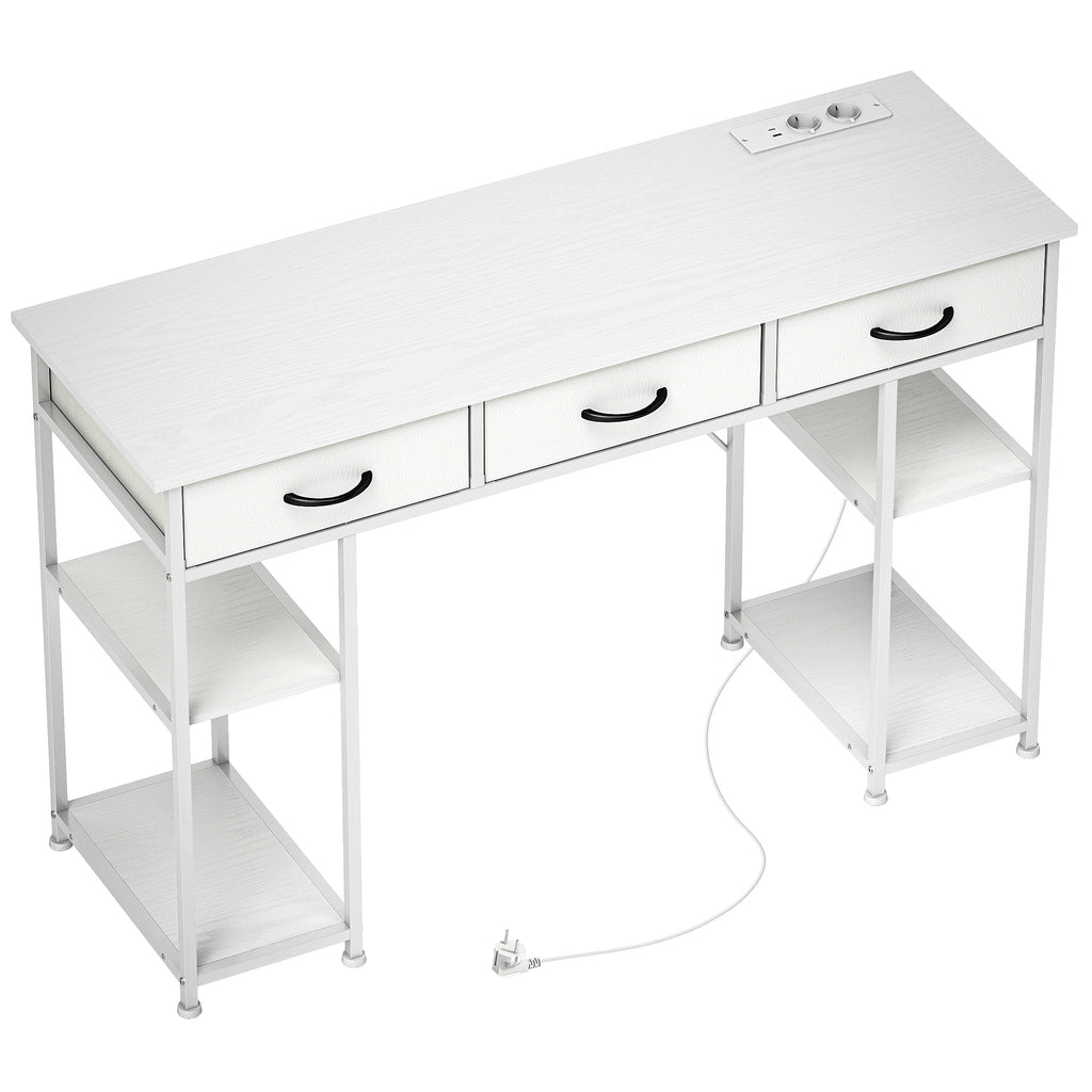 Bureau avec rangement avec prises de courant, 3 tiroirs en tissu et 4 étagères de rangement, 120 x 40 x 76 cm, blanc-0