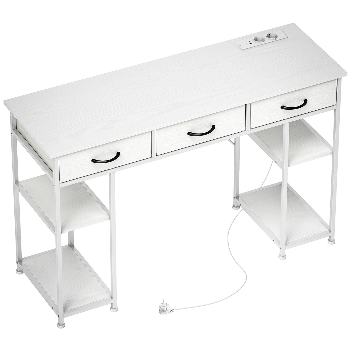 Bureau avec rangement avec prises de courant, 3 tiroirs en tissu et 4 étagères de rangement, 120 x 40 x 76 cm, blanc-0