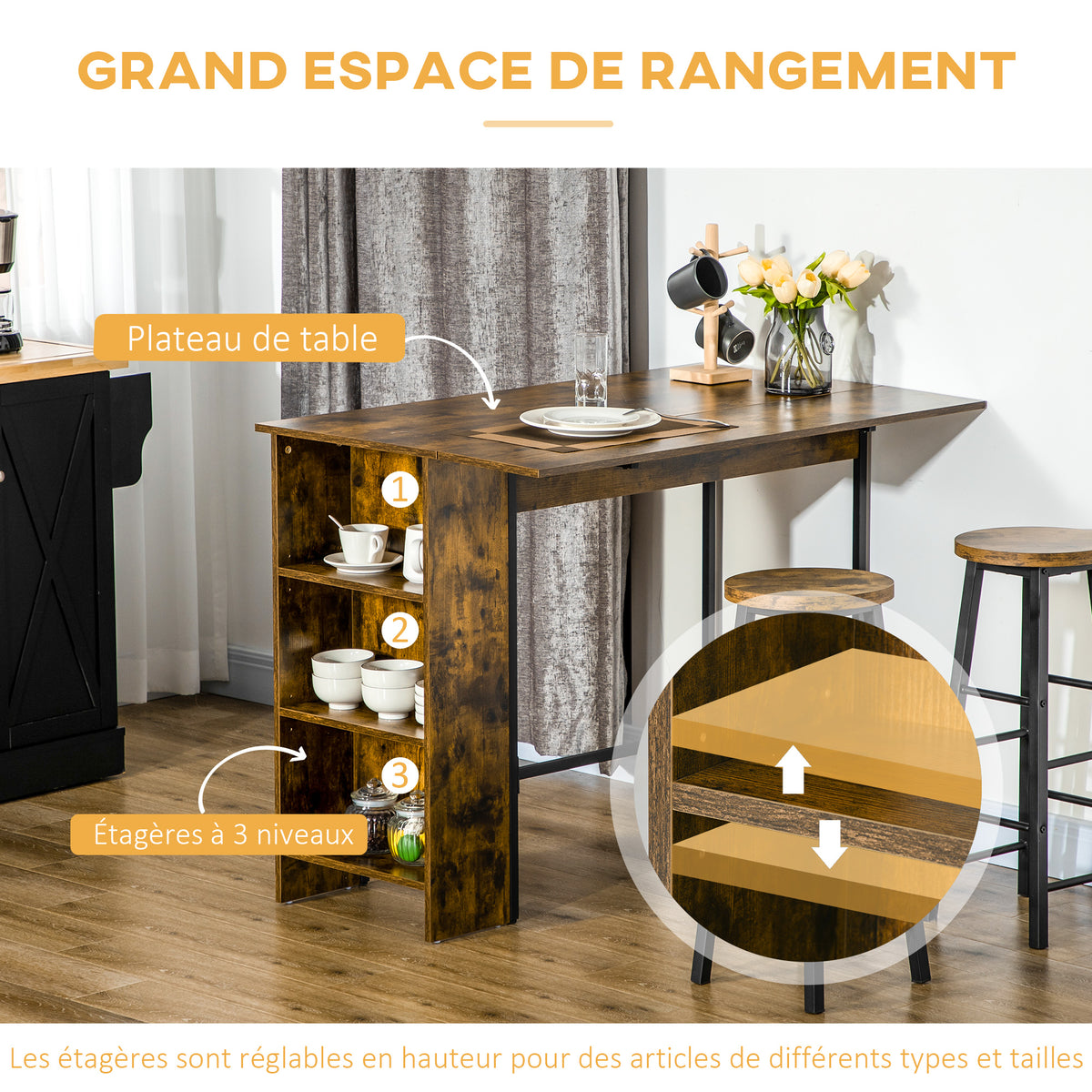 Ilot centra table de bar plateau latéral  rabattable et 3 étagères 120 x 76 x 91,4 cm Brun Rustique-4