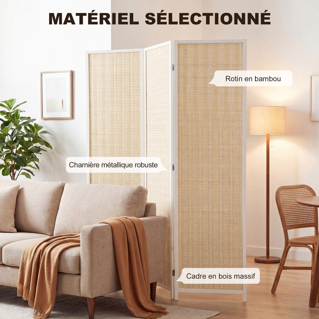 Paravent en bois séparateur de pièce closion de séparation pliable 3 panneaux 135 x 180 cm blanc-4
