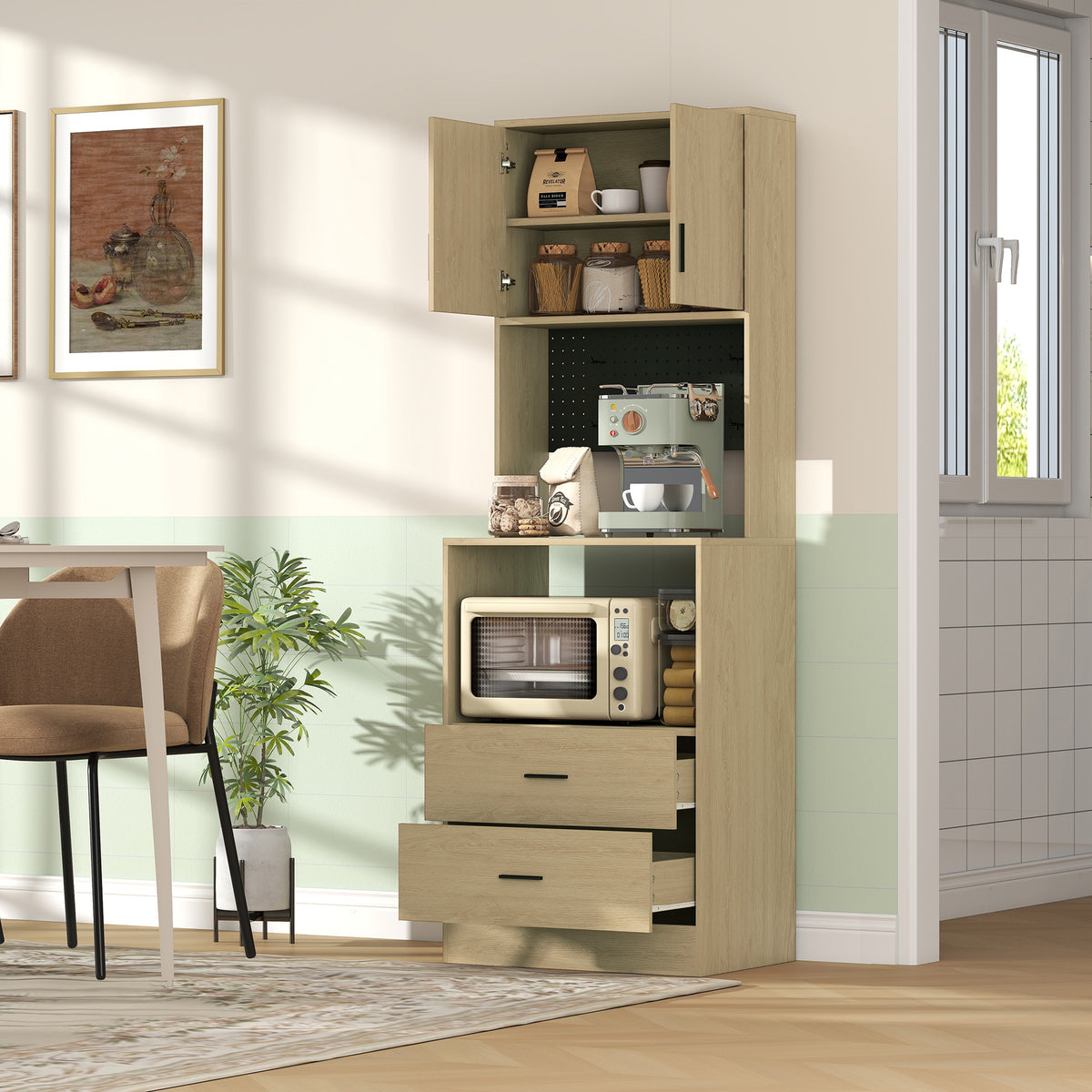Meuble micro-ondes, buffet, 2 tiroirs, 2 portes, plan de travail, étagère réglable, panneau perforé, 4 crochets, naturel-7