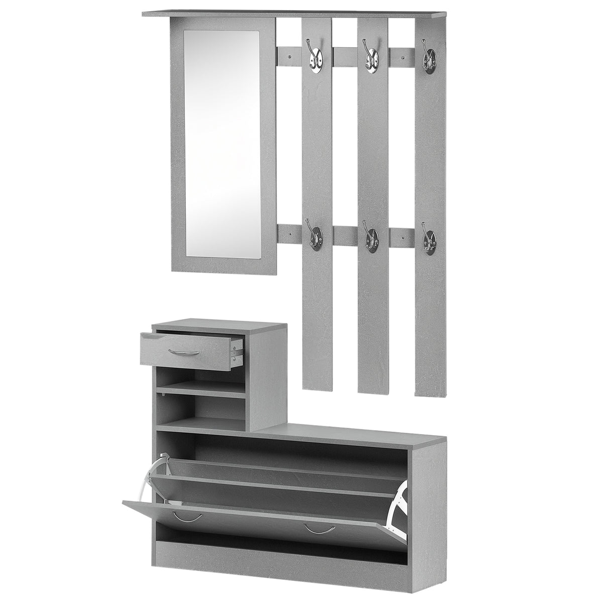 Ensembles 3 en 1 de meuble d'entrée vestiaire avec panneau porte-manteau, miroir et banc à chaussures - 6 crochets et étagère réglable, effet béton gris-0