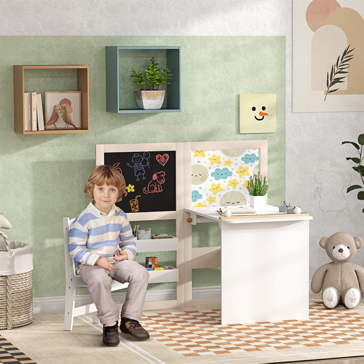 Table enfant avec chaise 3 en 1 avec chevalet pliable étagères de rangement, rouleau de papier - 3 à 8 ans, blanc-1