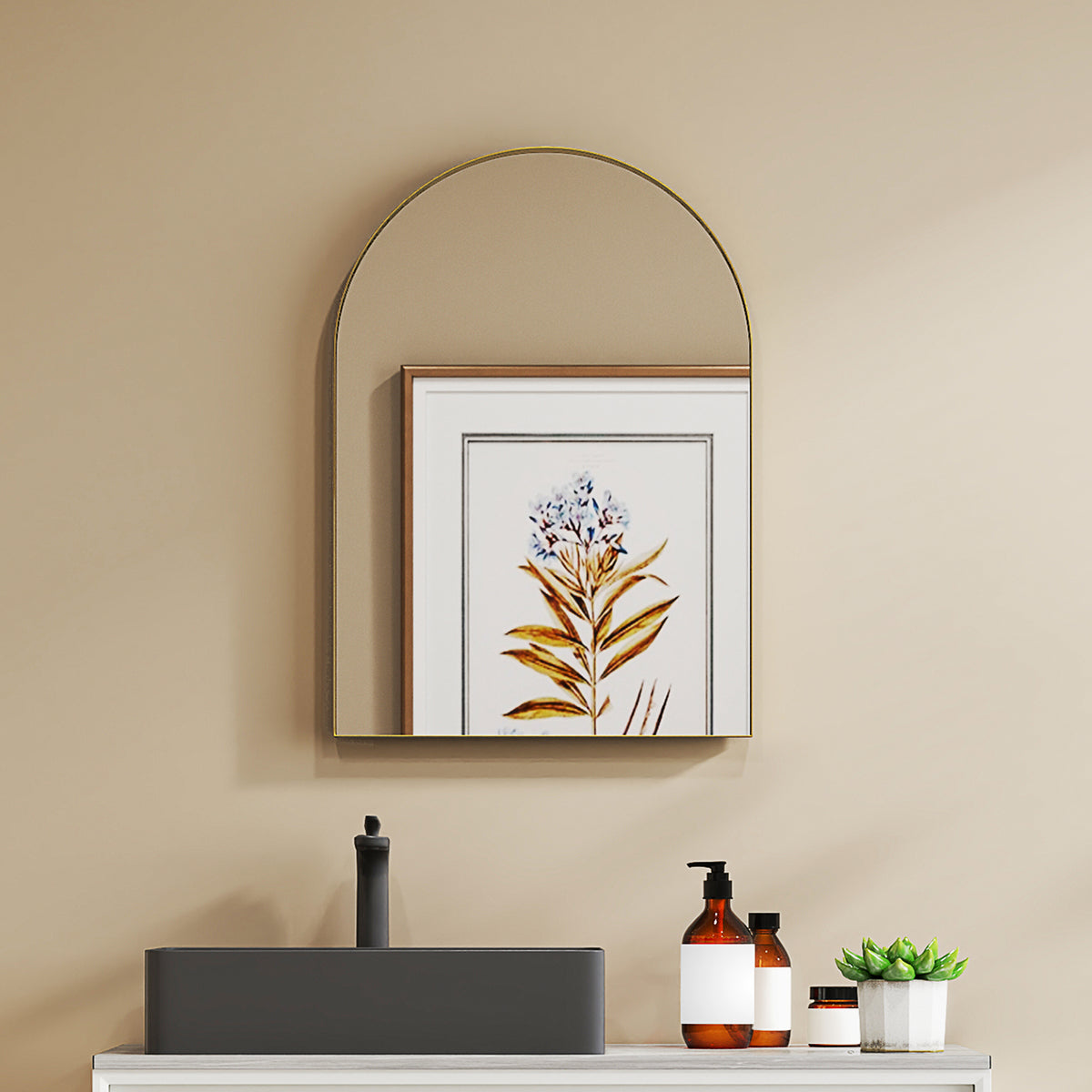 Miroir mural arqué miroir de salle de bain avec cadre en alliage d'aluminium pour chambre salon entrée 50 × 70 cm or-1