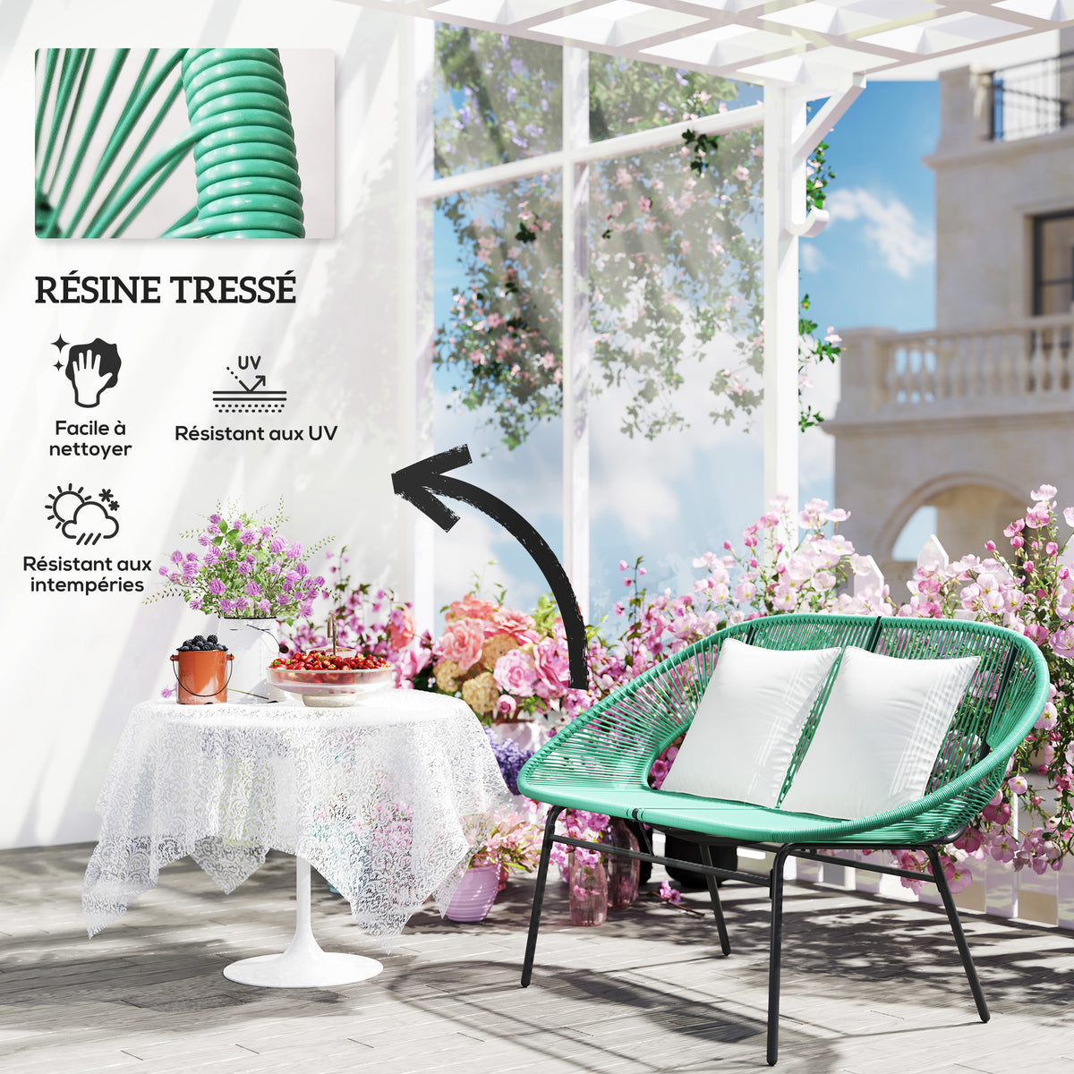 Banquette banc de jardin 2 places en acier et cordage en résine avec 2 coussins - dim. 132L x 72l x 83H cm - vert foncé-4