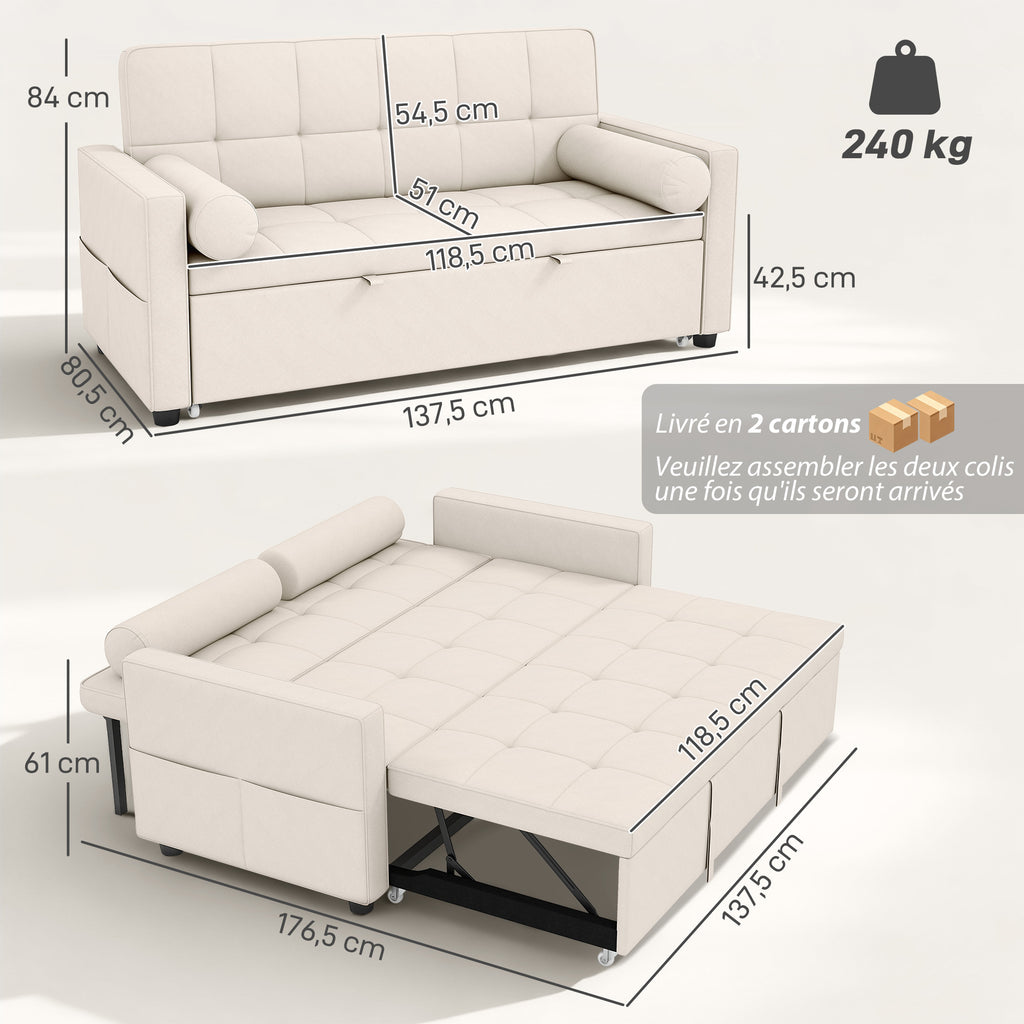Canapé convertible 2 places 3 en 1 canapé-lit avec lit gigogne double dossier réglable 2 coussins 80,5x137,5x84cm beige-2