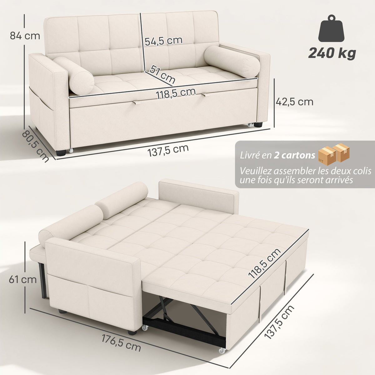 Canapé convertible 2 places 3 en 1 canapé-lit avec lit gigogne double dossier réglable 2 coussins 80,5x137,5x84cm beige-2