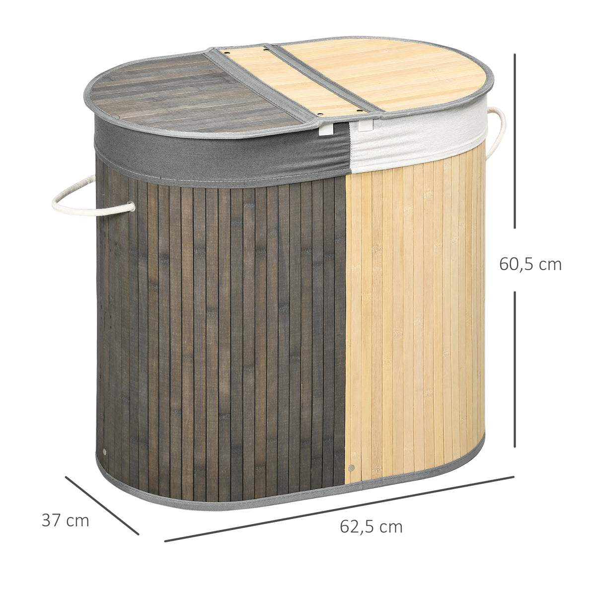 Panier à linge en bambou 100L avec 2 sections couvercle et sac amovible 62,5 x 37 x 60,5 cm - gris-2
