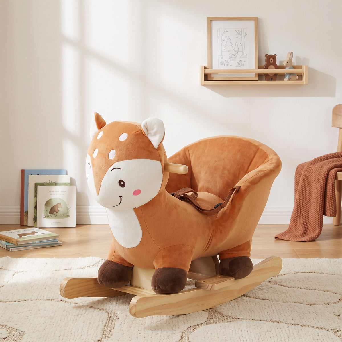 Cheval à bascule cerf en peluche avec sons d'animaux, ceinture de sécurité et butées anti-basculement, marron-4