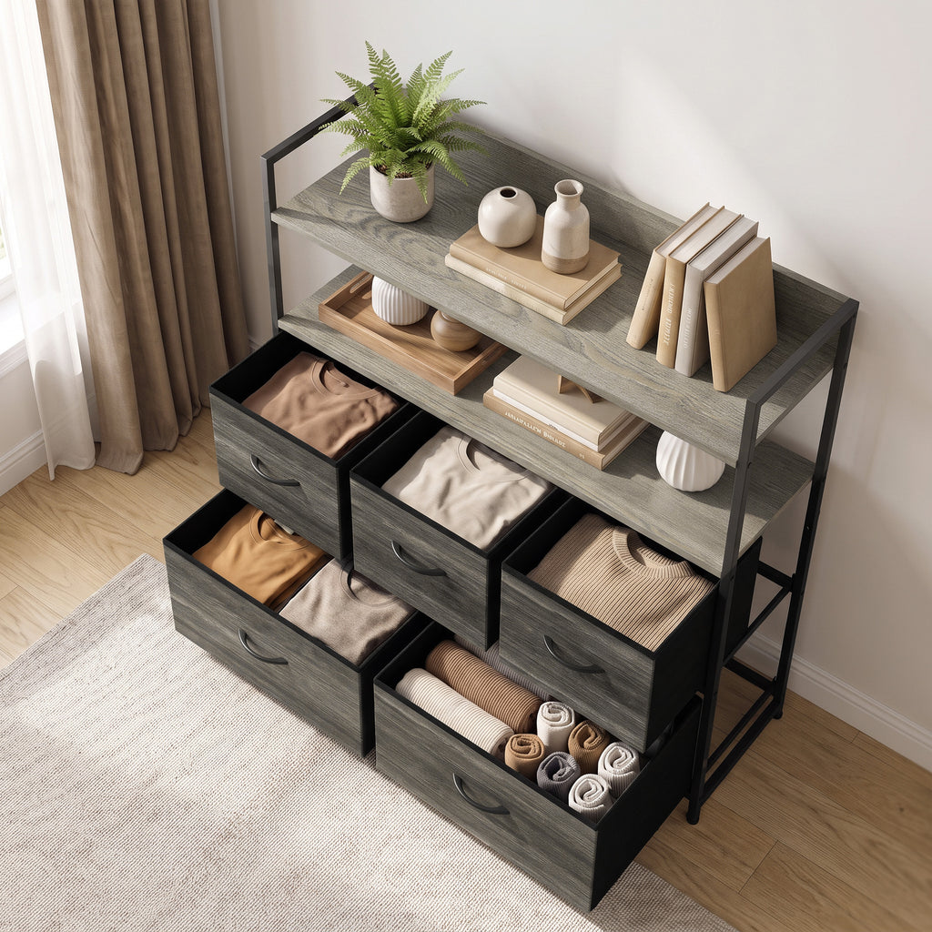 Commode 5 Tiroirs en Tissu Pliables, Meuble de Rangement avec Étagères Ouvertes, Plateau Supérieur, Gris-8