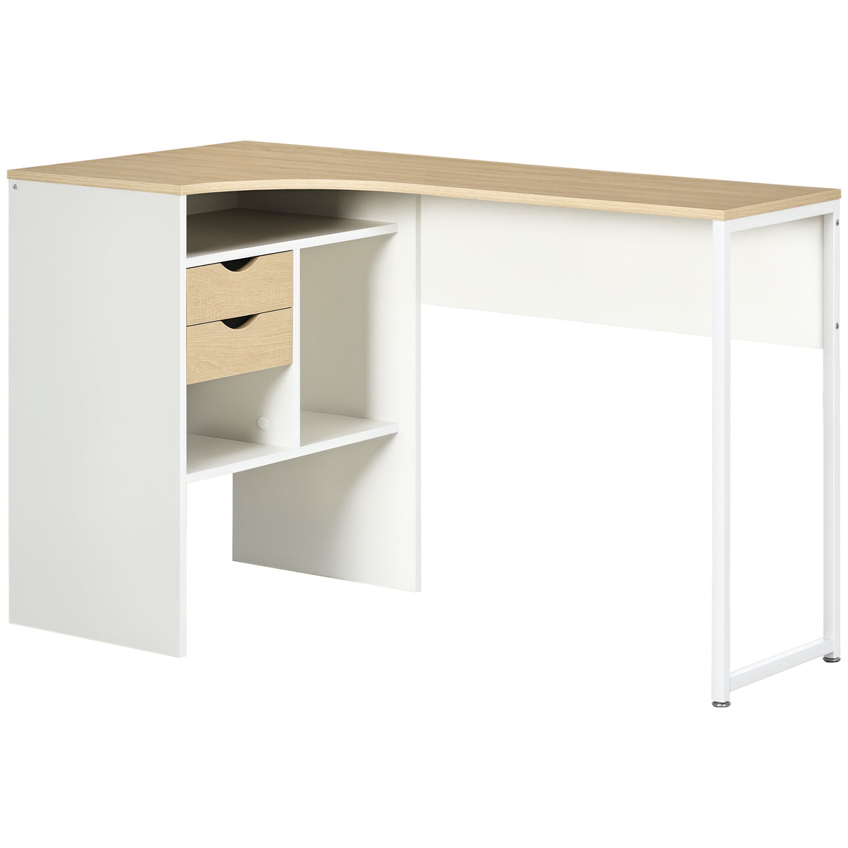 Bureau d'Angle avec 2 Tiroirs, 120 x 60 cm, Bureau en L avec 3 Compartiments Ouverts, Table Informatique pour Étudier, Travailler, Chambre, Maison, Chêne Clair-0