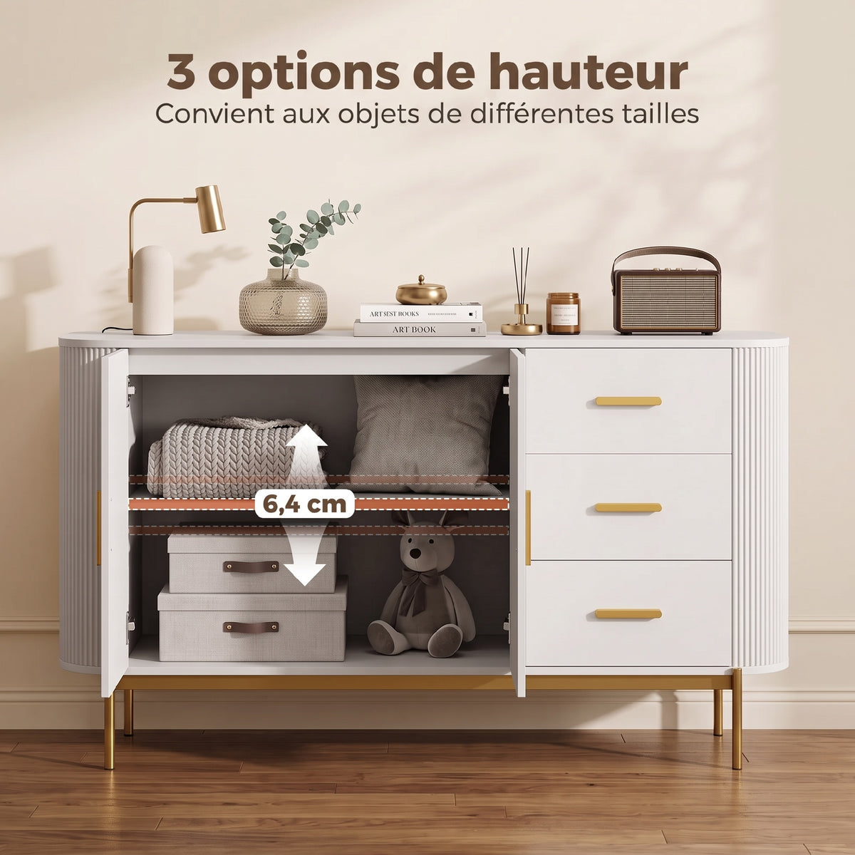 Buffet Salon, Meuble de Rangement avec 2 Portes, 3 Tiroirs, Étagère Réglable et Façade Rainurée, 140x44x79cm, Gris Clair-5