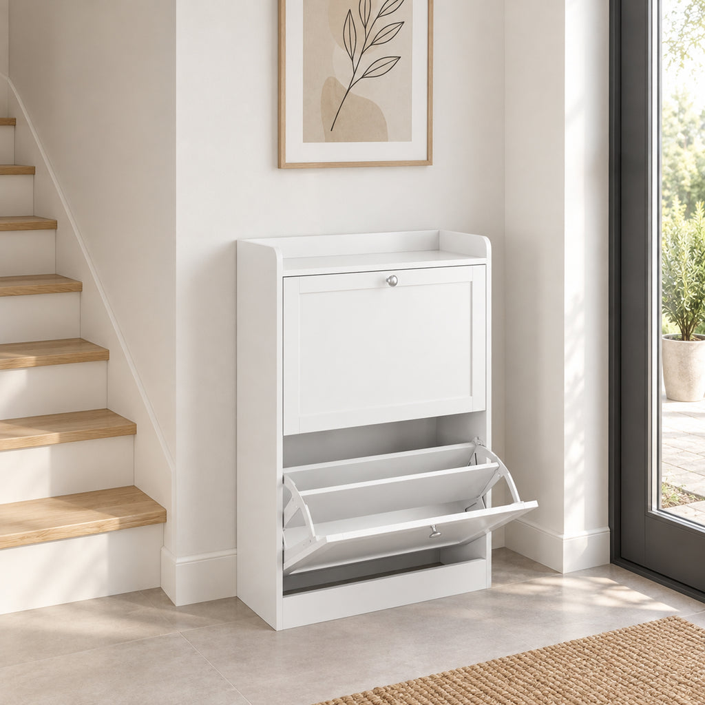 Meuble à Chaussures 10 Paires, Armoire à Chaussures Étroite avec 2 Tiroirs Rabattables, Étagères Réglables, Blanc-1