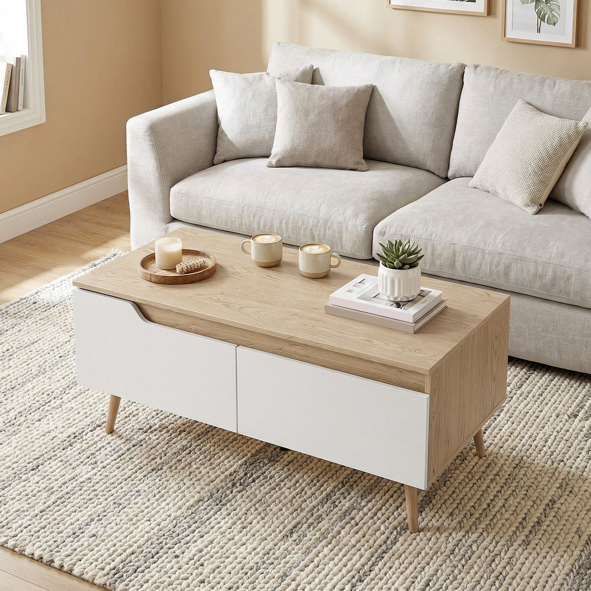 Table basse rectangulaire, table de salon moderne avec 2 tiroirs, 5 pieds en bois de pin, 100x50x46cm, chêne et blanc-1