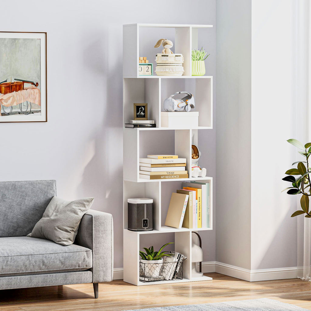 Bibliothèque à 5 niveaux, meuble de rangement en forme de S avec étagères, 60 x 24 x 184,5 cm, blanc-1