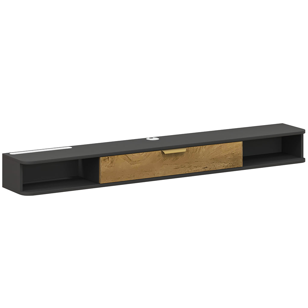 Meuble TV suspendu avec compartiments ouverts, porte rabattable et passe-câbles, 160 x 24 x 16 cm, gris-0