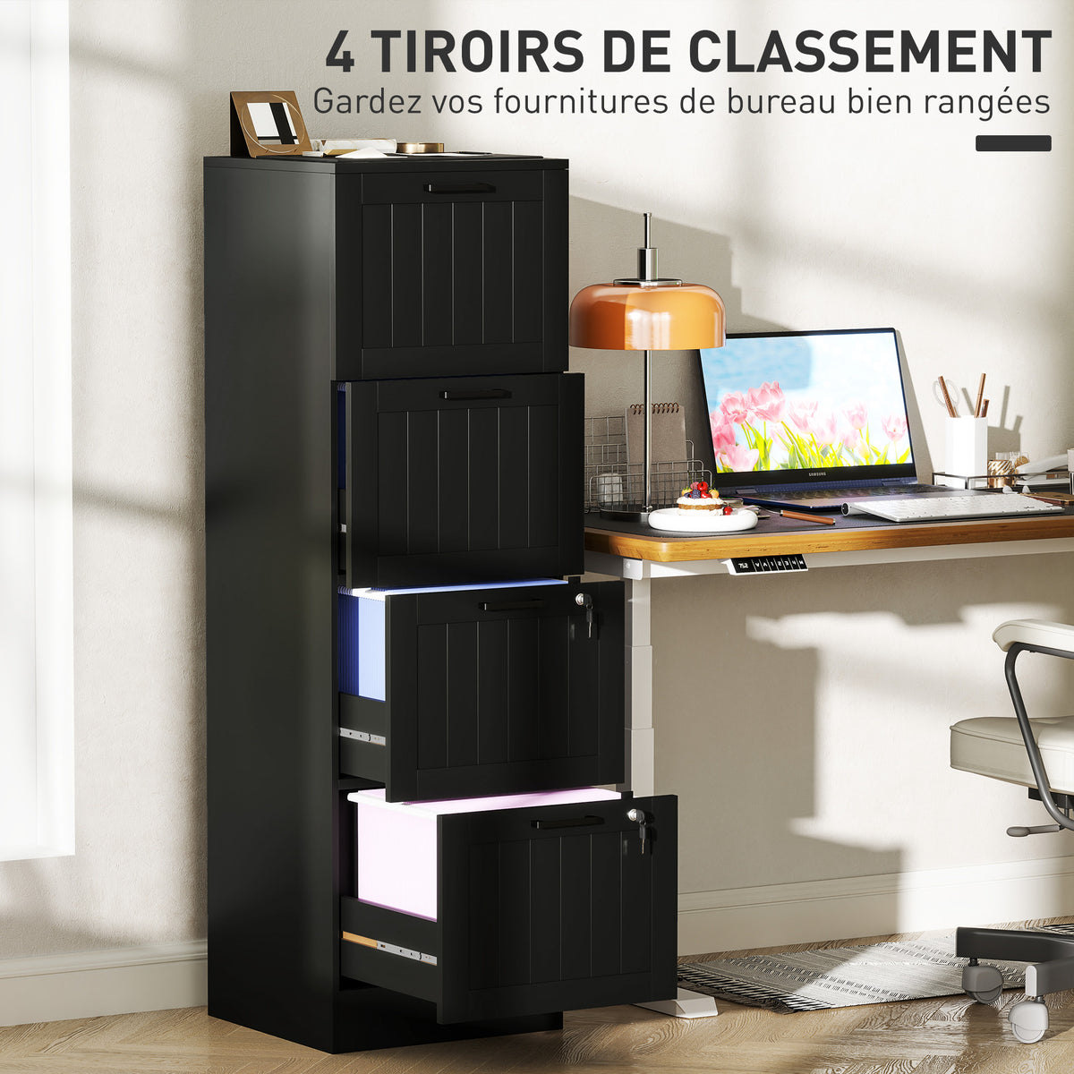Caisson bureau, meuble rangement bois 4 tiroirs et serrure, barres de suspension réglables, 40 x 40 x 131 cm, noir-3