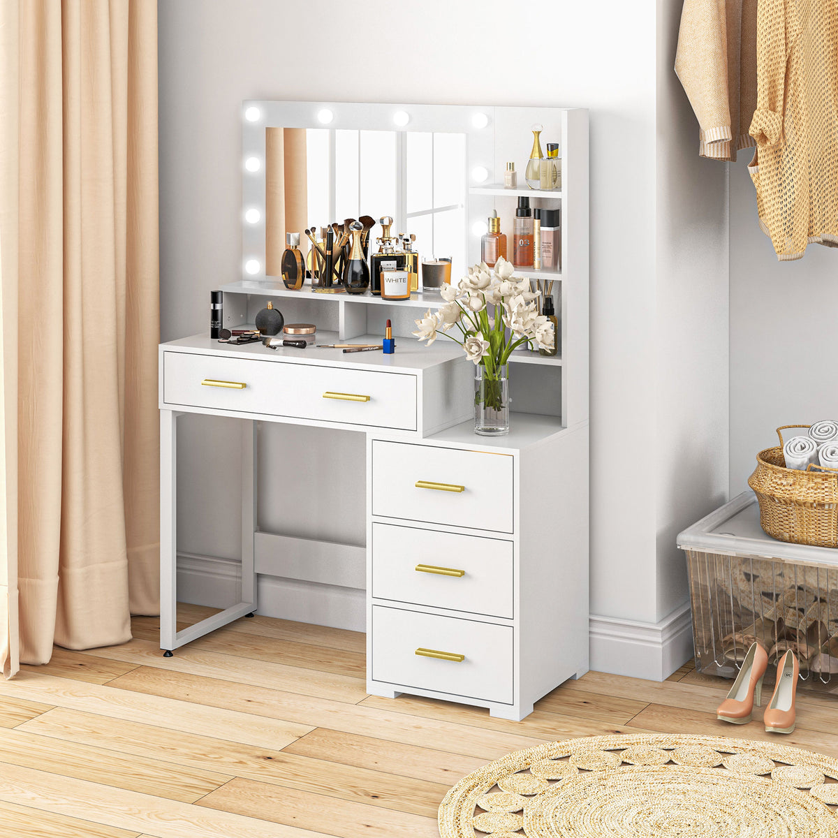 Coiffeuse avec miroir et 9 lumières LED, 4 tiroirs et 6 compartiments ouverts, 100 x 40 x 138 cm, blanc-1
