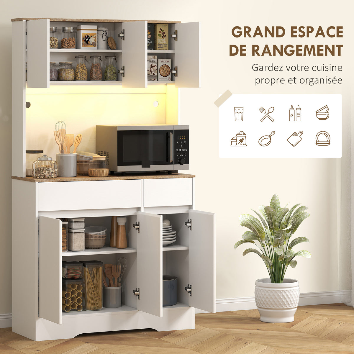 Buffet cuisine meuble cuisine rangement haut avec lumière LED RGB, plan de travail, 6 portes, 2 tiroirs, blanc-4