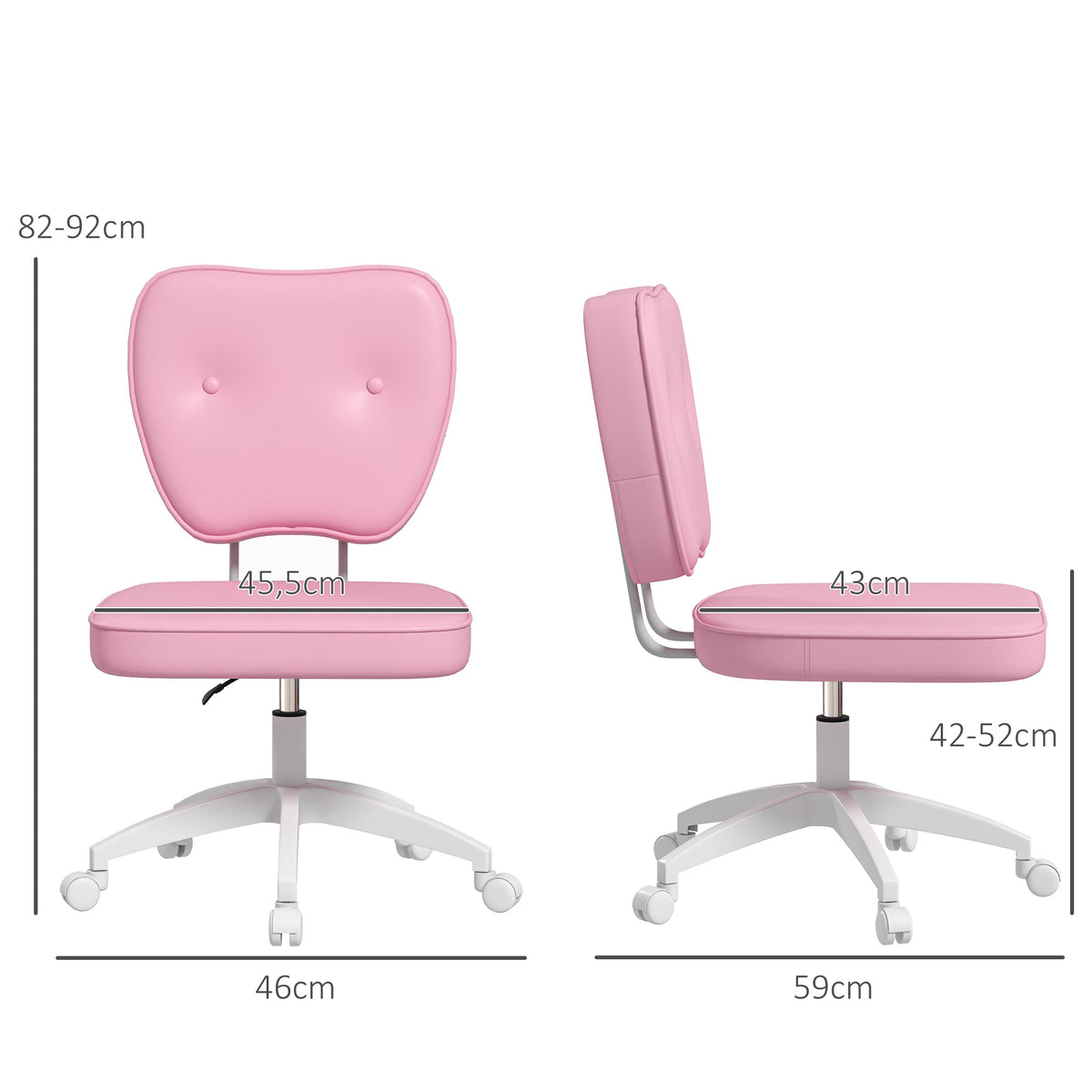 Chaise de bureau sans accoudoirs, fauteuil de bureau, hauteur réglable, pivotant 360°, 46 x 59 x 82-92 cm, rose-2