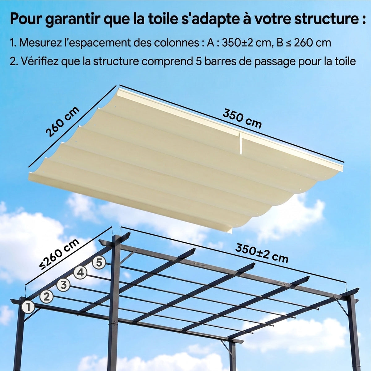 Toile de toit pour pergola tonnelle rétractable de 4 x 3 m - toile uniquement 350 x 260 cm crème-3