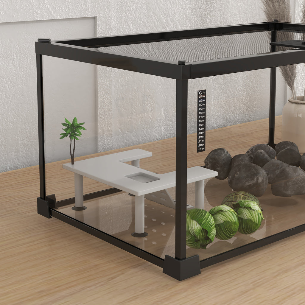 Aquarium pour Tortues avec Plateforme de Repos, Couvercle Coulissant en Filet, Thermomètre, 50x30x25cm, Blanc-8