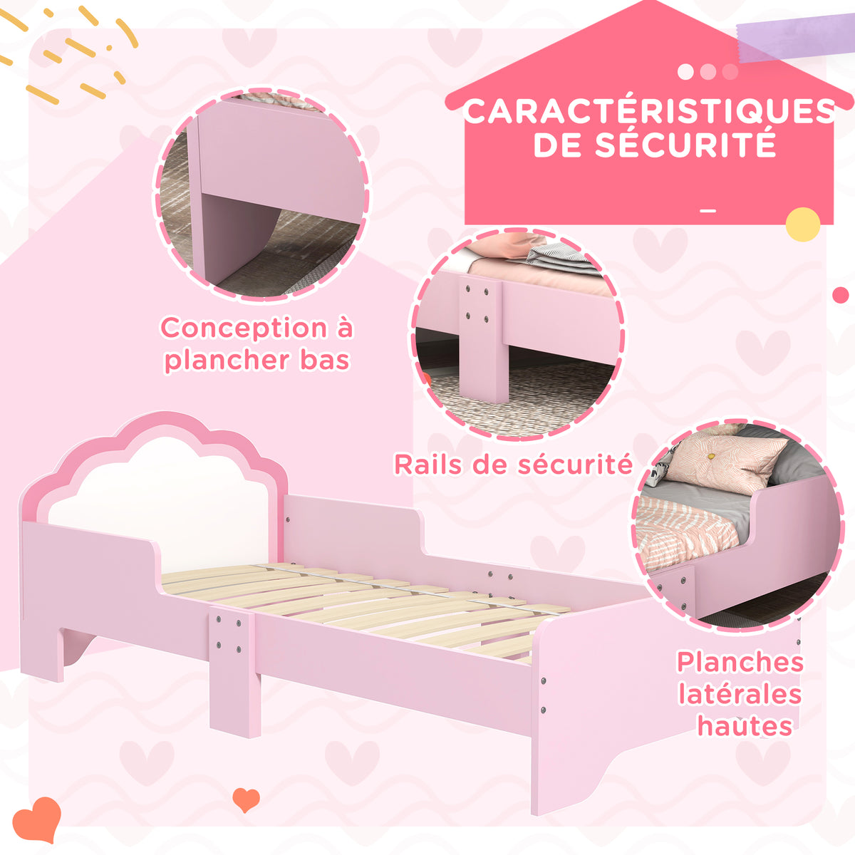 Lit pour enfants de 3 à 6 ans 143 x 74 x 55 cm design nuage sommier à lattes inclus chambre moderne rose-4