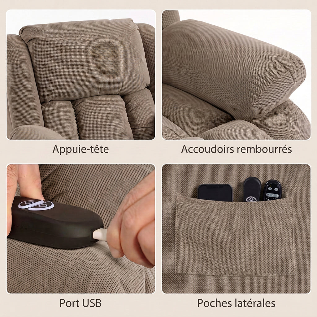 Fauteuil Releveur Électrique, Massage et Chauffage, Repose-Pieds, Dossier Inclinable, Télécommande, 93x104x100cm, Marron-6